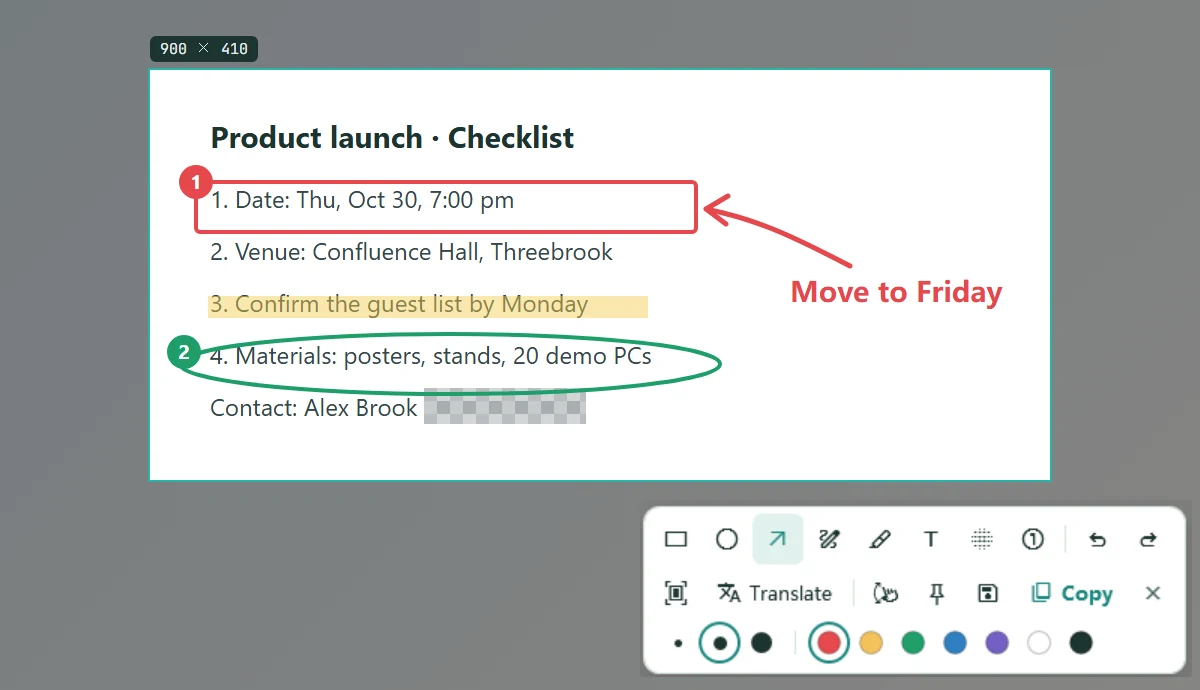 Annotation example: on a launch checklist the date is boxed with an arrow and “Move to Friday”, one line highlighted, the materials circled and the phone number mosaicked, with the real annotation toolbar below
