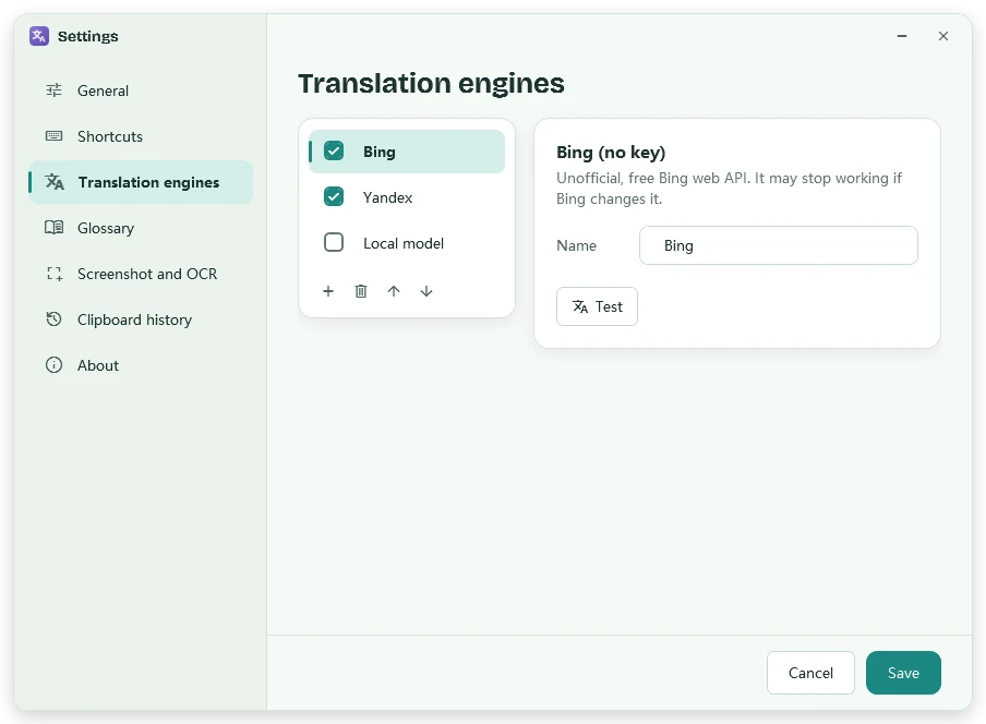 The translation engine list in Settings: Bing, Yandex and a local model, several can be ticked