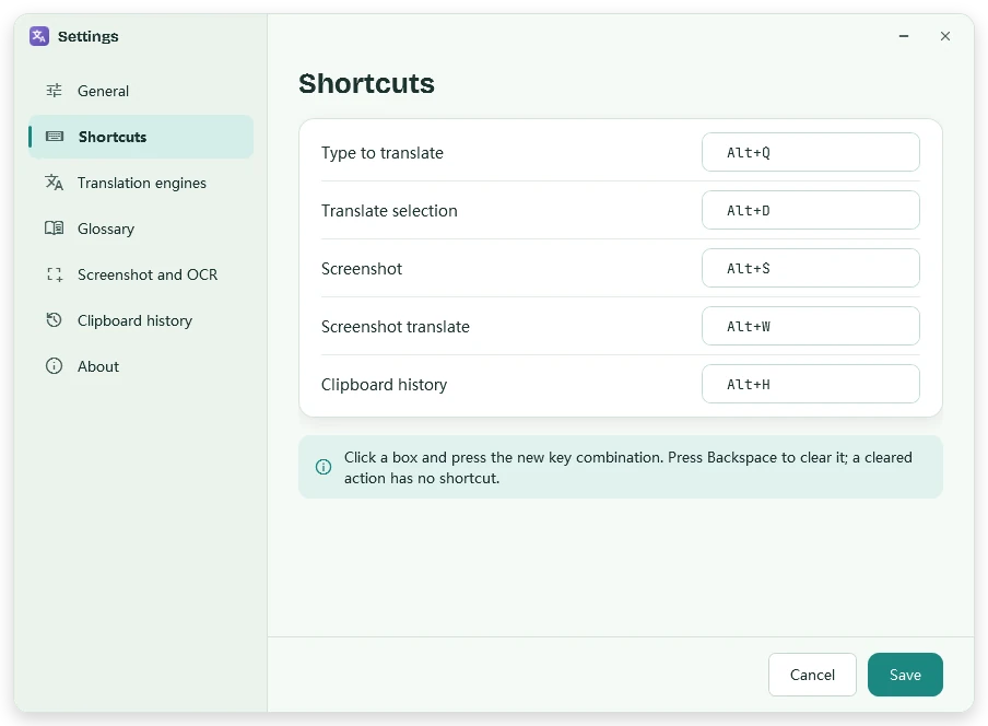 Shortcuts in Settings: Alt+Q to type, Alt+D for selected text, Alt+S to capture, Alt+W to translate a screenshot, Alt+H for clipboard history